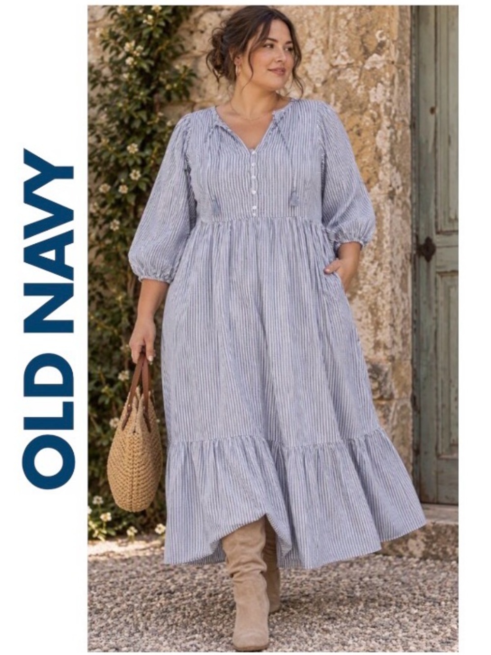 4X Old Navy Blue and White Striped V-Neck Tiered Maxi Dress